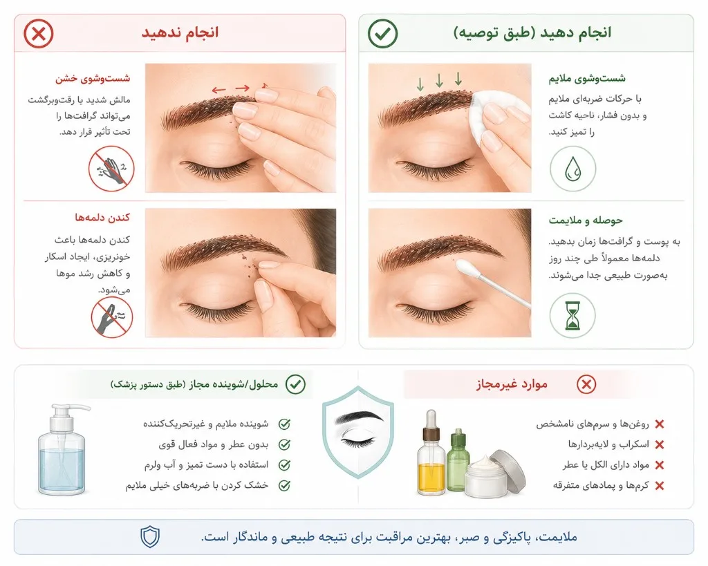 شست‌وشوی ملایم در برابر مالش خشن و کندن دلمه بعد از کاشت ابرو
