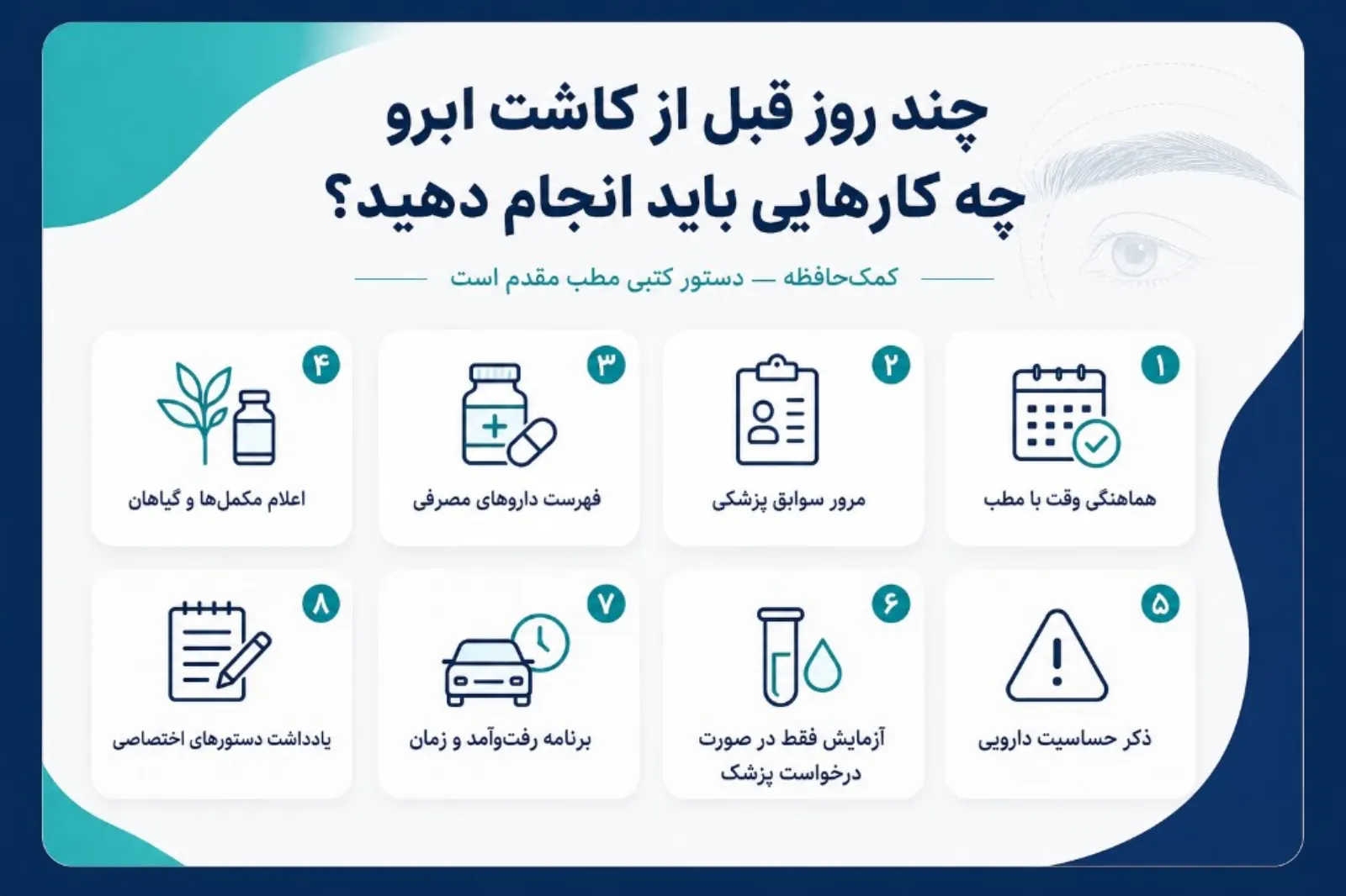 چک‌لیست جهت‌گیری کارهای رایج در روزهای پیش از کاشت ابرو