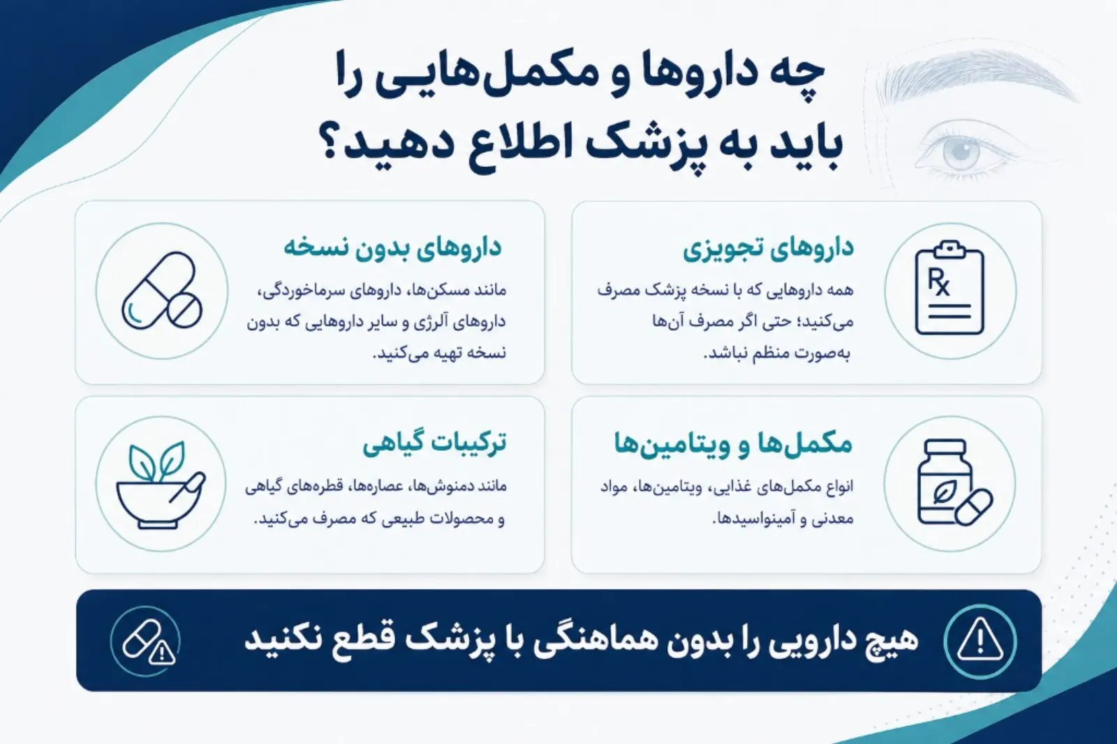 چه چیزهایی را پیش از کاشت ابرو برای پزشک فهرست کنید: تجویزی، بدون نسخه، مکمل، گیاهی، حساسیت