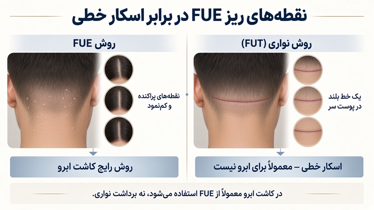 نقطه‌های ریز FUE در برابر اسکار خطی روش نواری