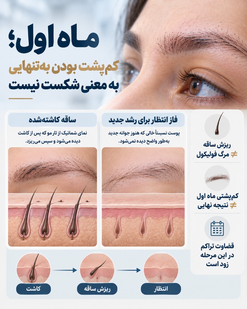 ماه اول؛ کم‌پشت بودن به‌تنهایی به معنی شکست نیست. ریزش ساقه مرگ فولیکول نیست.