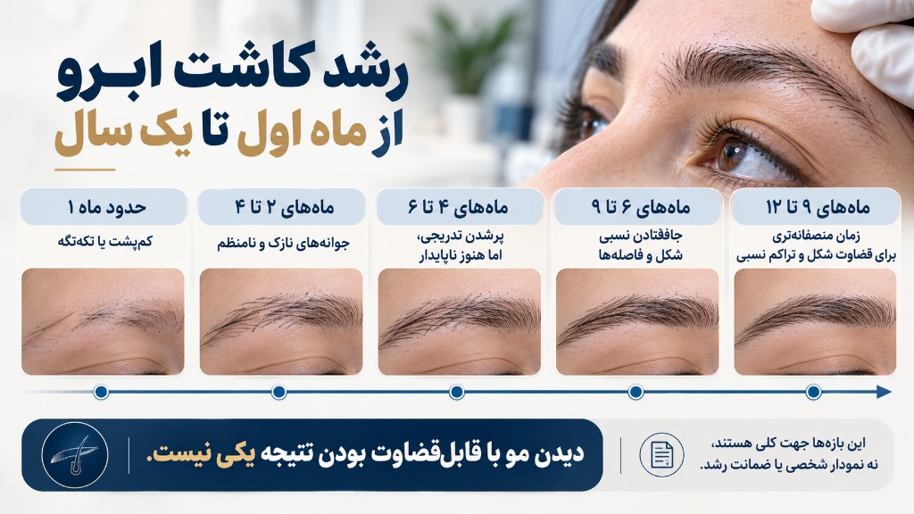 رشد کاشت ابرو از ماه اول تا یک سال: کم‌پشت، جوانه نازک، پرشدن ناپایدار، سپس زمان منصفانه‌تر برای قضاوت شکل و تراکم