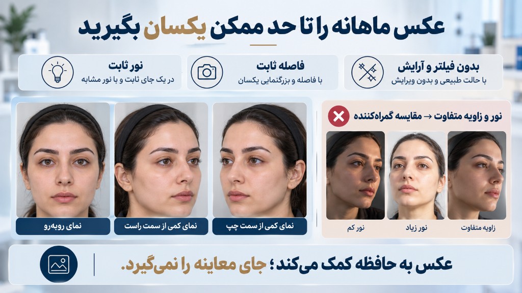عکس ماهانه را تا حد ممکن یکسان بگیرید: نور ثابت، فاصله ثابت، بدون فیلتر و آرایش؛ نور و زاویه متفاوت مقایسه را گمراه می‌کند