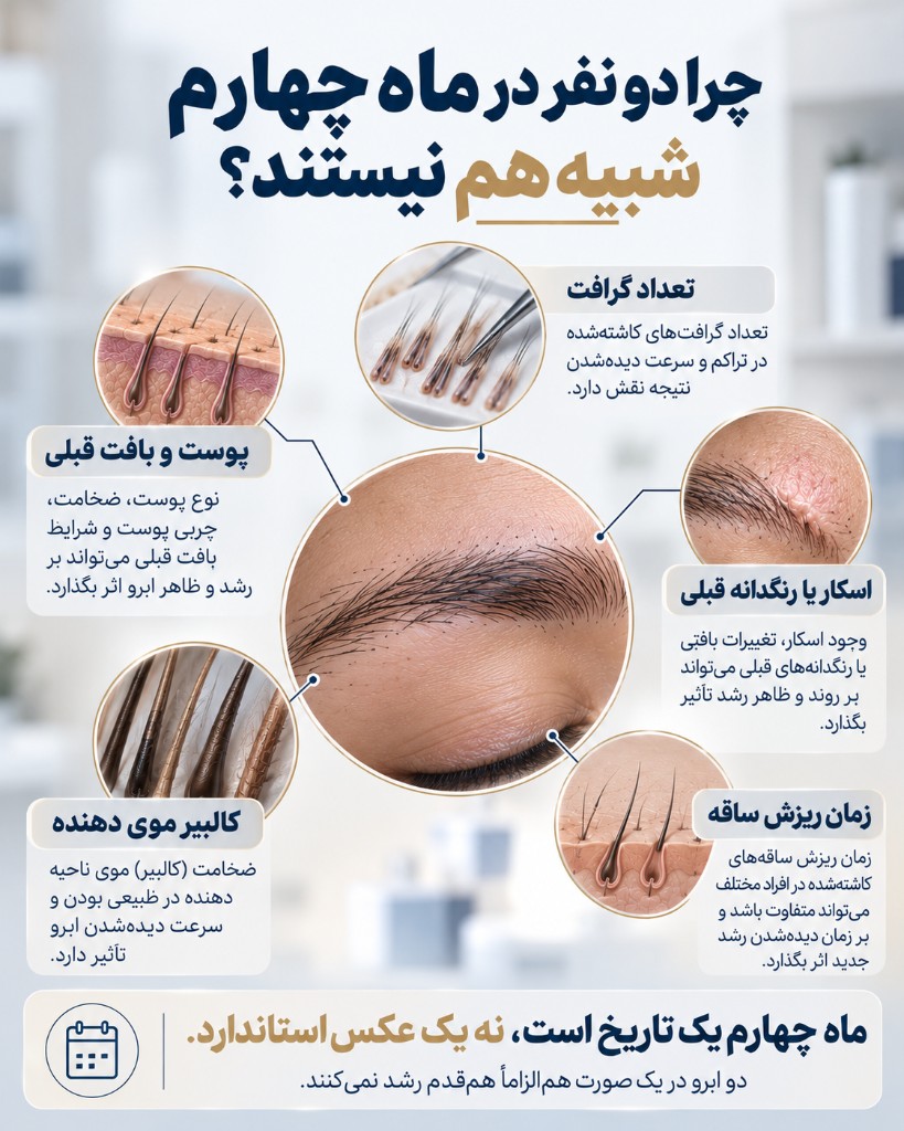 چرا دو نفر در ماه چهارم شبیه هم نیستند: تعداد گرافت، پوست، اسکار یا رنگدانه قبلی، زمان ریزش ساقه، کالیبر موی دهنده