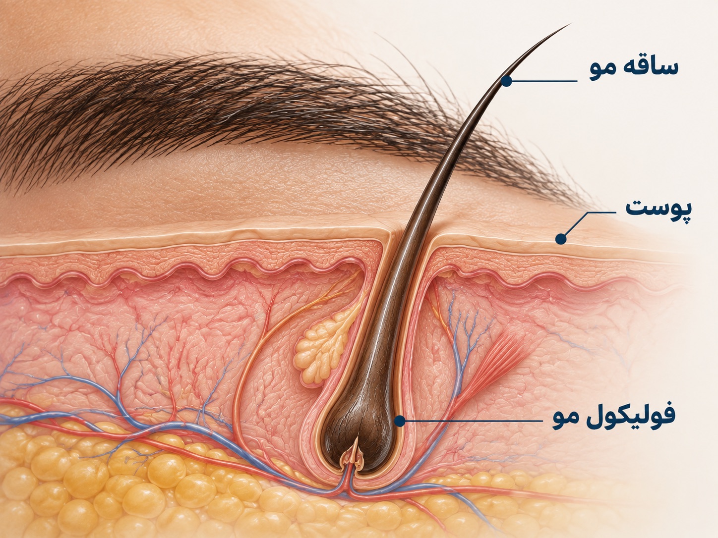 ساقه مو، پوست و فولیکول در برش آموزشی