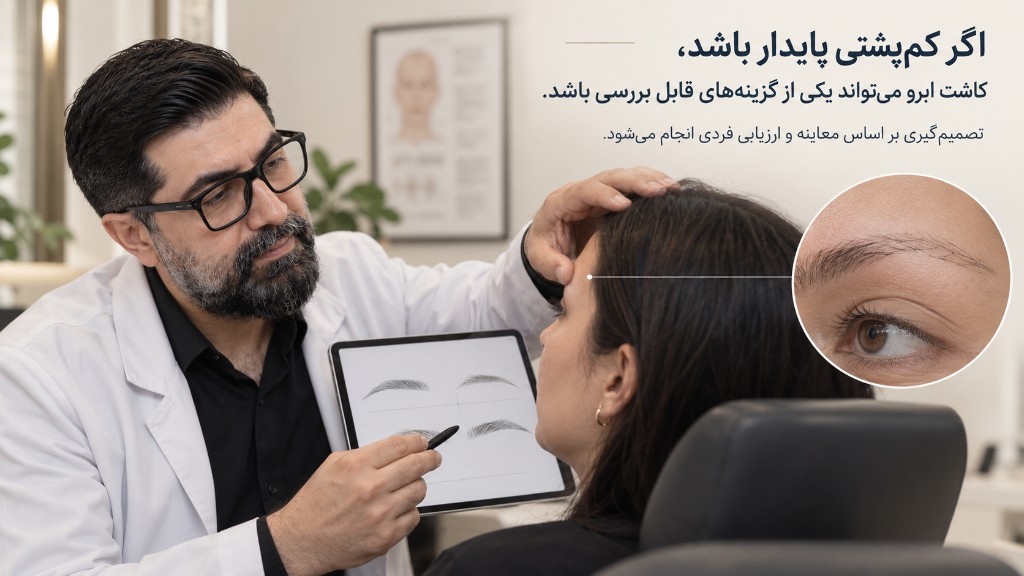 اگر کم‌پشتی پایدار باشد، کاشت ابرو می‌تواند یکی از گزینه‌های قابل بررسی باشد