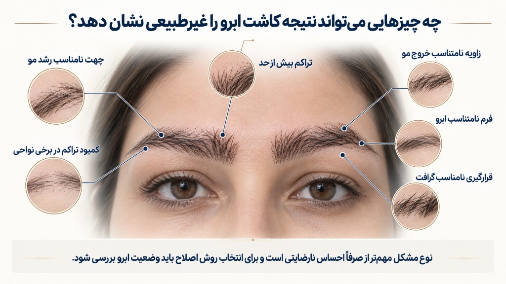 چه چیزهایی می‌تواند نتیجه کاشت ابرو را غیرطبیعی نشان دهد: جهت نامناسب، تراکم بیش از حد، زاویه خروج نامناسب، کمبود تراکم، فرم نامتناسب، قرارگیری نامناسب گرافت