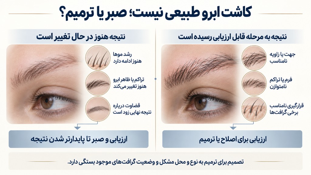 کاشت ابرو طبیعی نیست؛ صبر یا ترمیم؟ نتیجه هنوز در حال تغییر در برابر نتیجه قابل ارزیابی