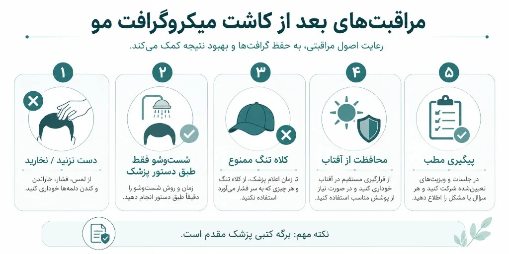 مضامین مراقبت بعد از کاشت میکروگرافت: دست نزنید، شست‌وشوی ملایم، کلاه تنگ ممنوع، محافظت از آفتاب، پیگیری