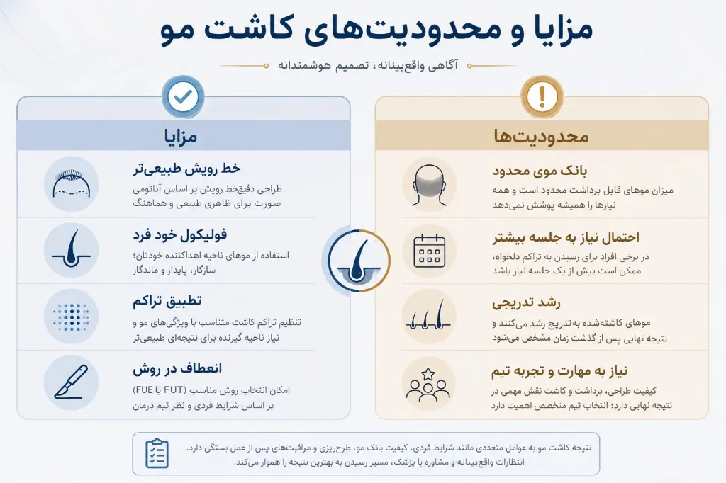 مزایا در برابر محدودیت‌های واقعی میکرو کاشت: خط رویش طبیعی در برابر محدودیت بانک مو و زمان