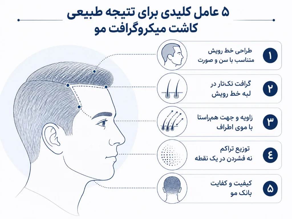 پنج عامل طبیعی‌بودن نتیجه میکروگرافت: خط رویش، انتخاب گرافت، زاویه، توزیع تراکم، محدودیت بانک مو