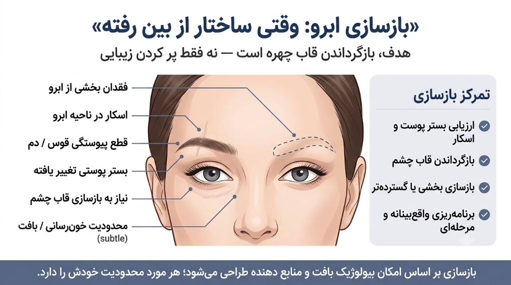 اینفوگرافیک بازسازی ابرو: فقدان بخشی، اسکار، قطع پیوستگی قوس یا دم، بستر پوستی تغییر یافته و تمرکز بر بازگرداندن قاب چشم
